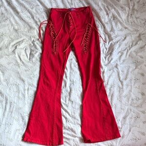 Edikted red lace up mid rise flare pants size small/medium